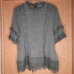 Blue Tassel Green Sheer Short Sleeve Top Size 1X